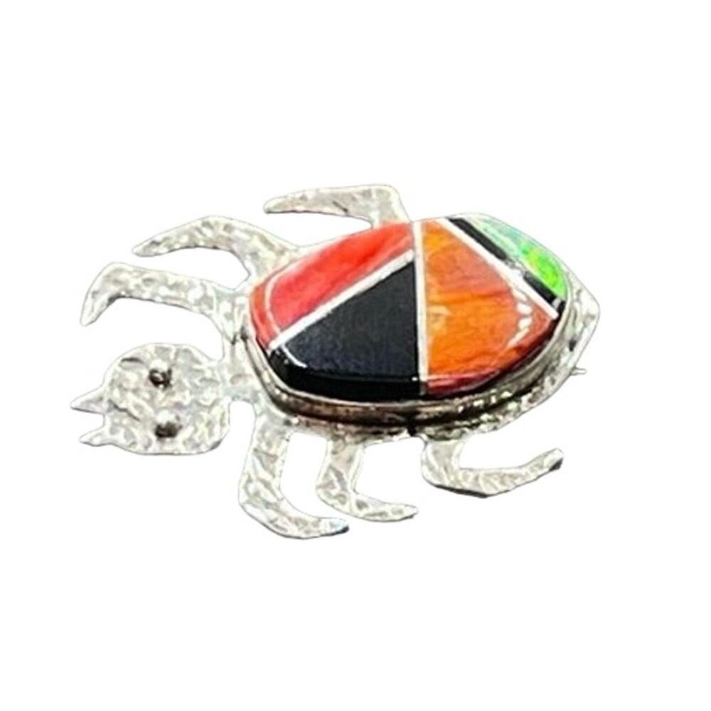 Sterling Sterling 925 Signed Southwestern Inlaid Jet Coral Opal Bug Brooch